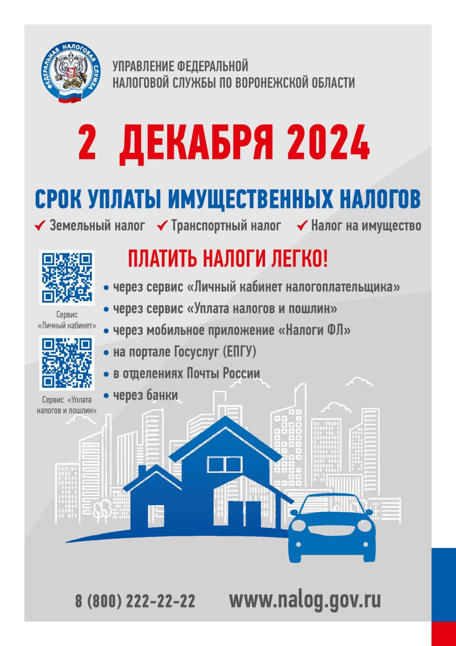 2 декабря 2024 года срок уплаты имущественных налогов: земельный налог, транспортный налог, налог на имущество..